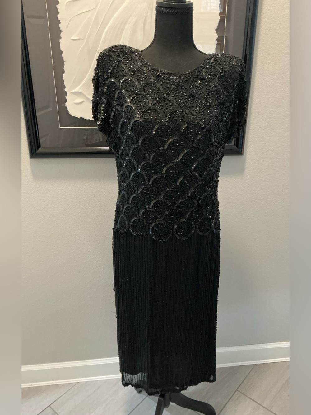 vintage Oleg Cassini, black silk beaded dress size 10